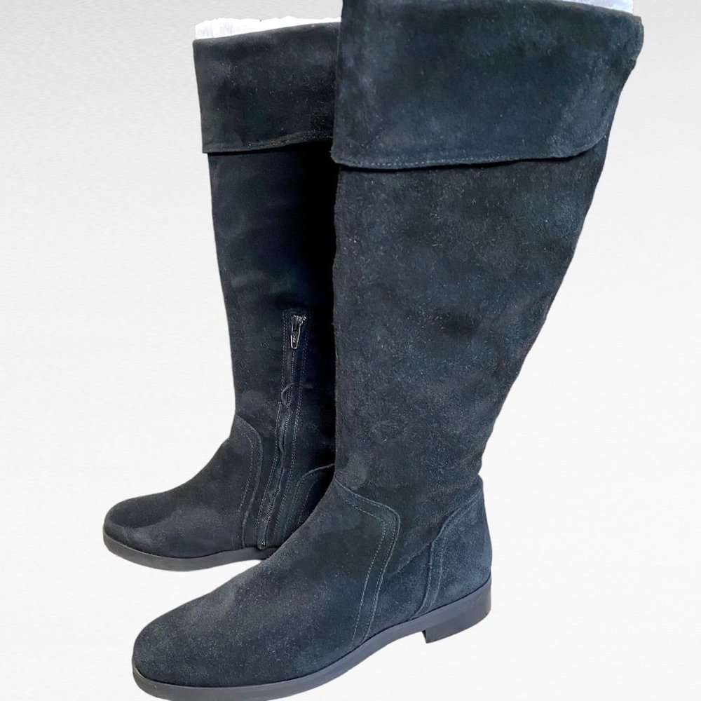 Boho Chic Cuffed Black Suede 16”  Boots Comfy 1” Heel Made in Italy Sz 40 9.5